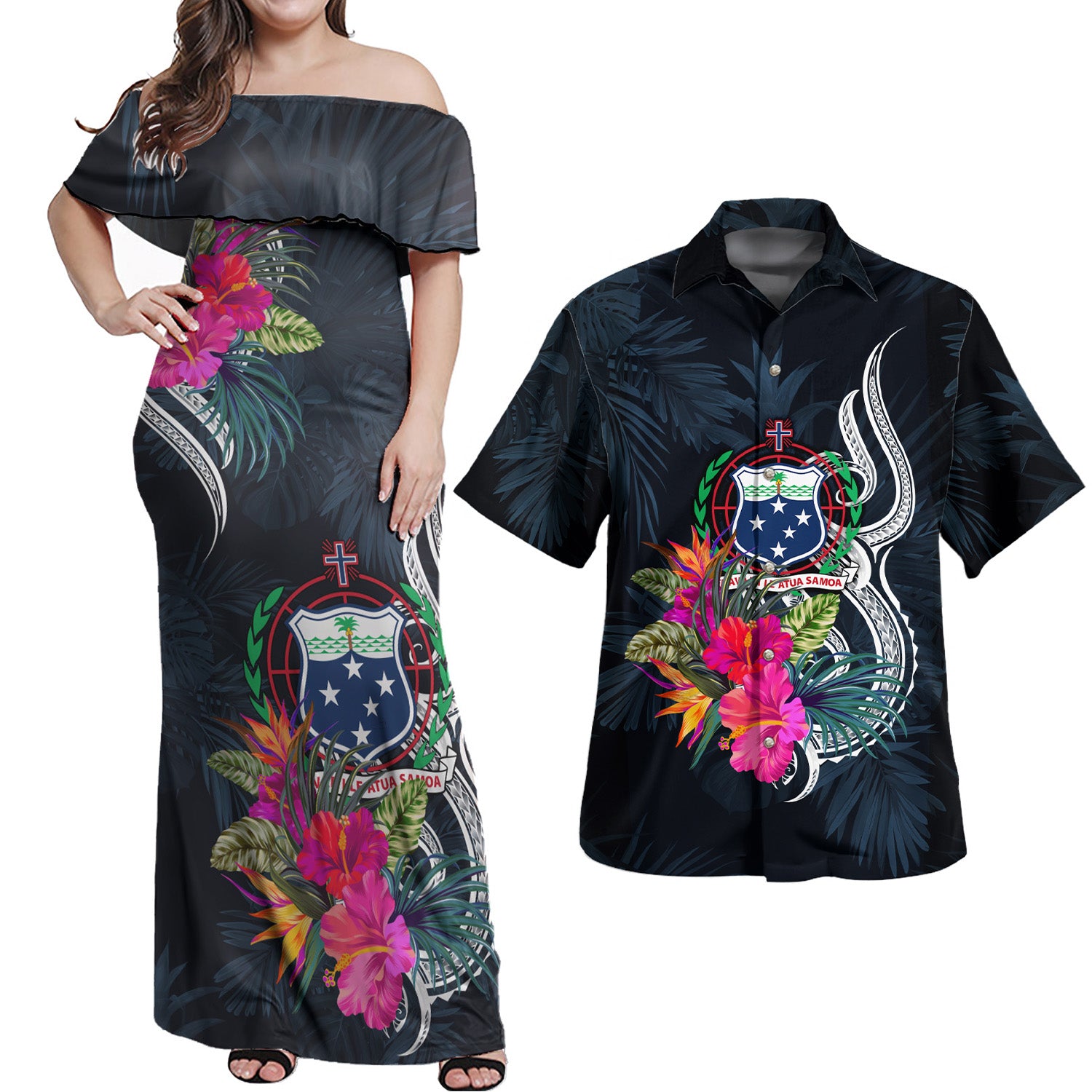 Samoa Combo Off Shoulder Long Dress And Shirt Tropical Flower