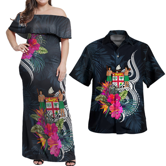 Fiji Combo Off Shoulder Long Dress And Shirt Tropical Flower
