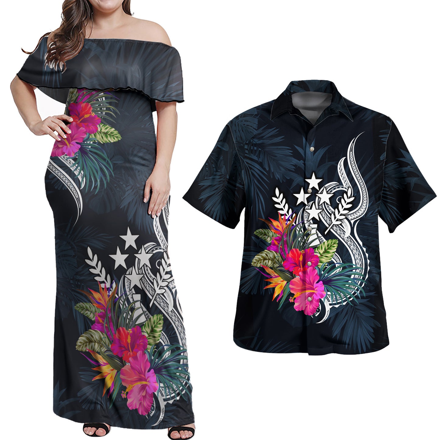 Kosrae Combo Off Shoulder Long Dress And Shirt Tropical Flower
