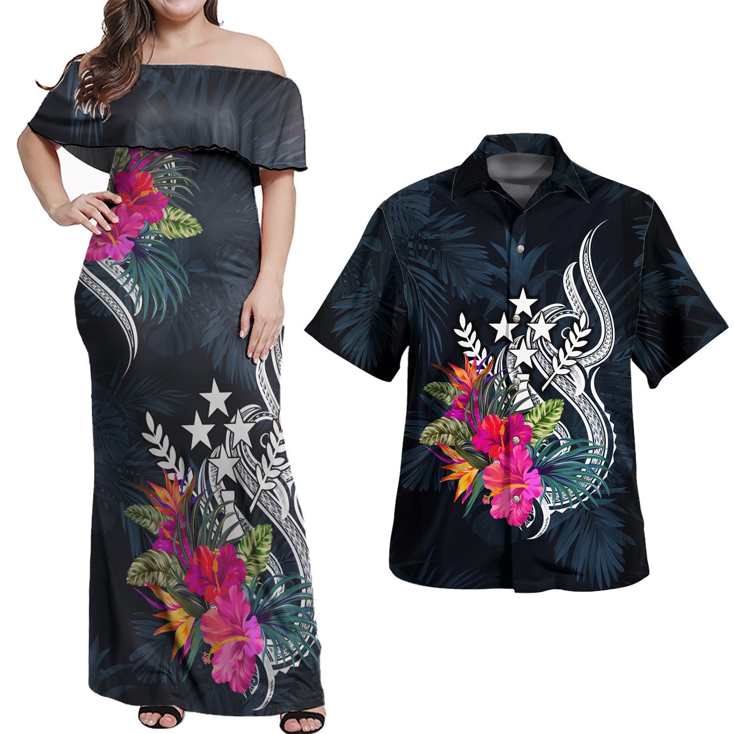 Kosrae Combo Off Shoulder Long Dress And Shirt Tropical Flower