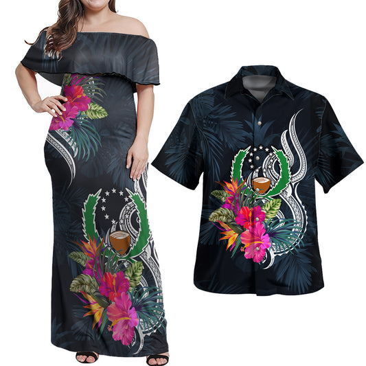 Pohnpei State Combo Off Shoulder Long Dress And Shirt Tropical Flower