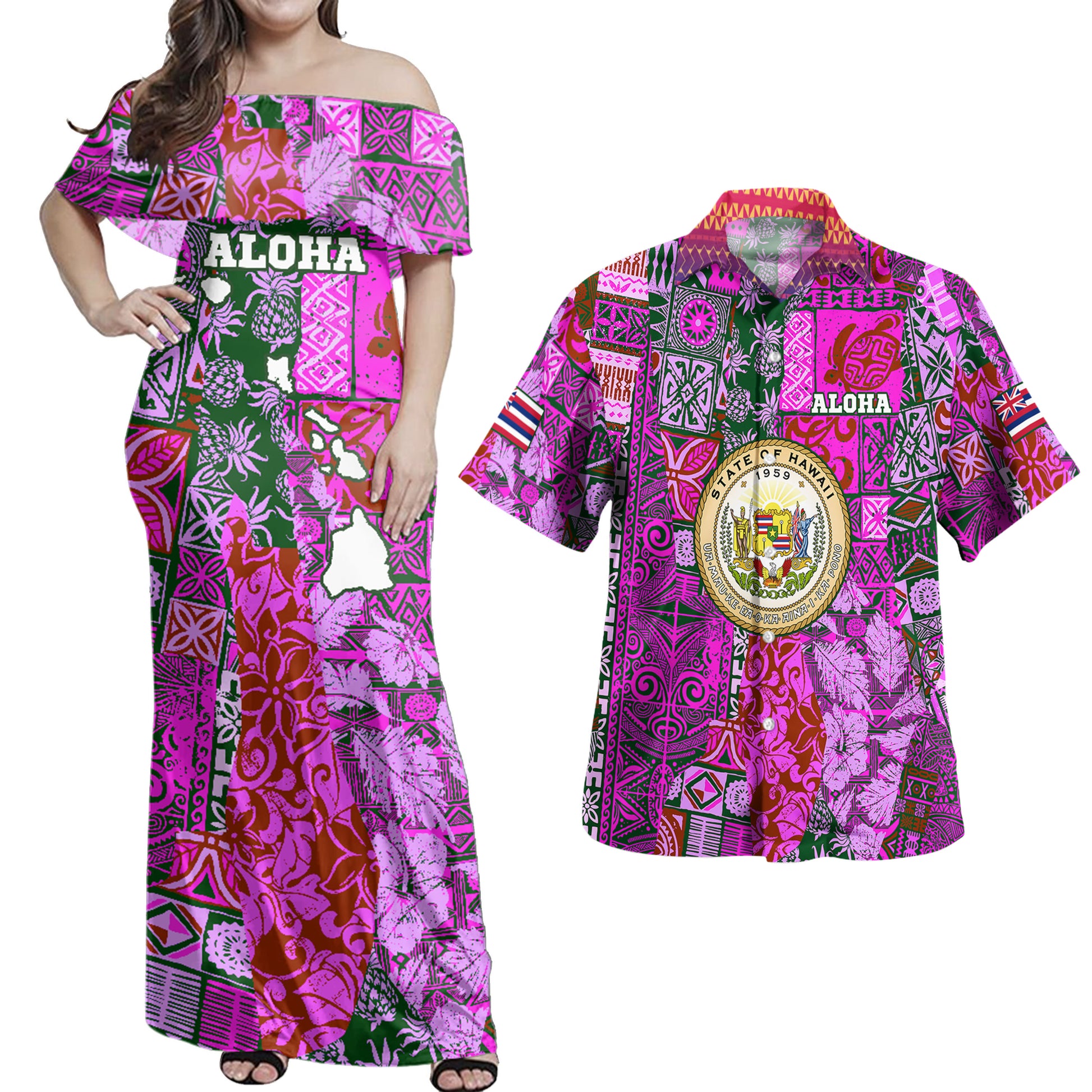 Hawaii Combo Dress And Hawaiian Shirt - Hawaiian style tapa fabric patchwork abstract vintage with Hawaii map
