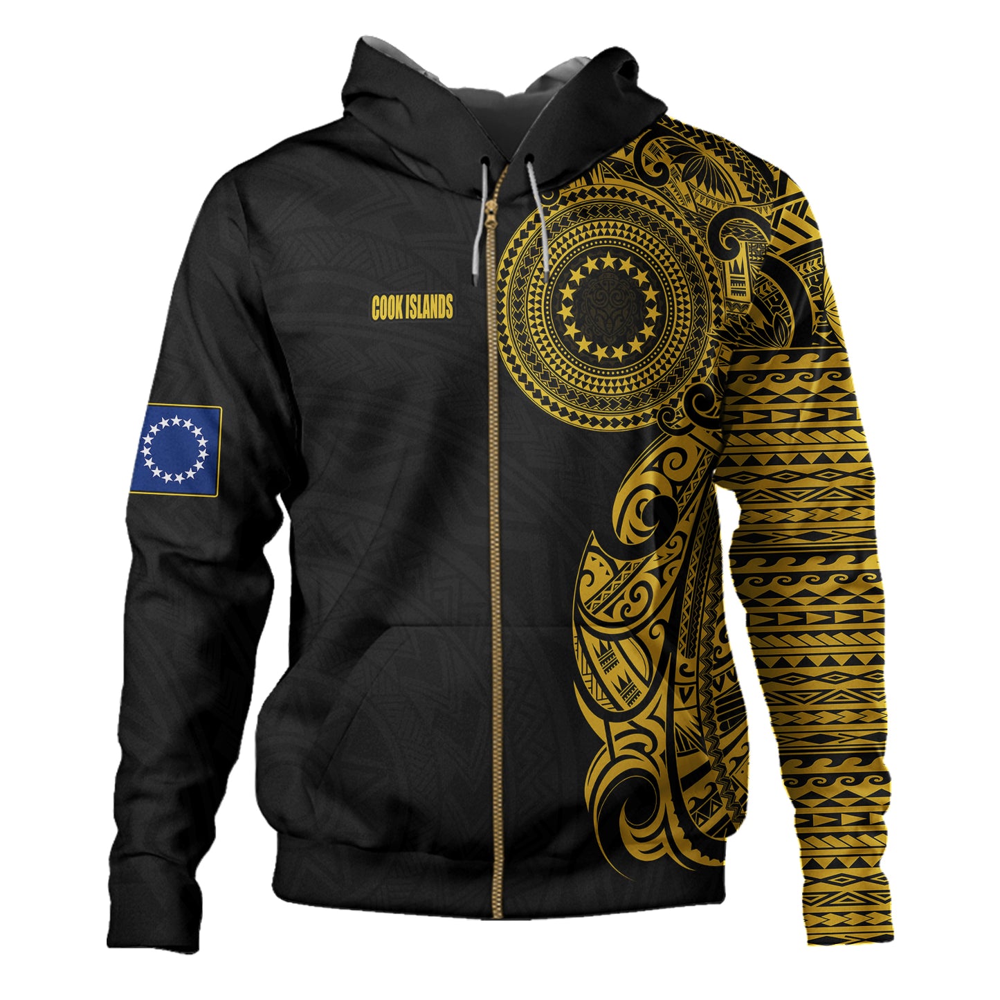 Cook Islands Hoodie Custom Polynesian Half Sleeve Gold Tattoo With Seal Black