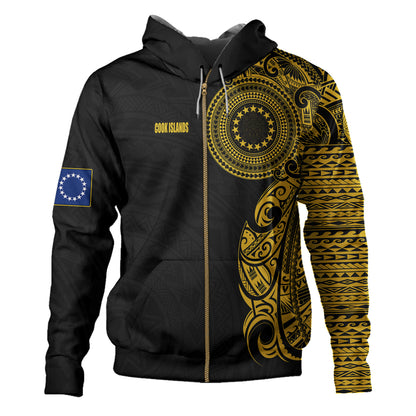 Cook Islands Hoodie Custom Polynesian Half Sleeve Gold Tattoo With Seal Black