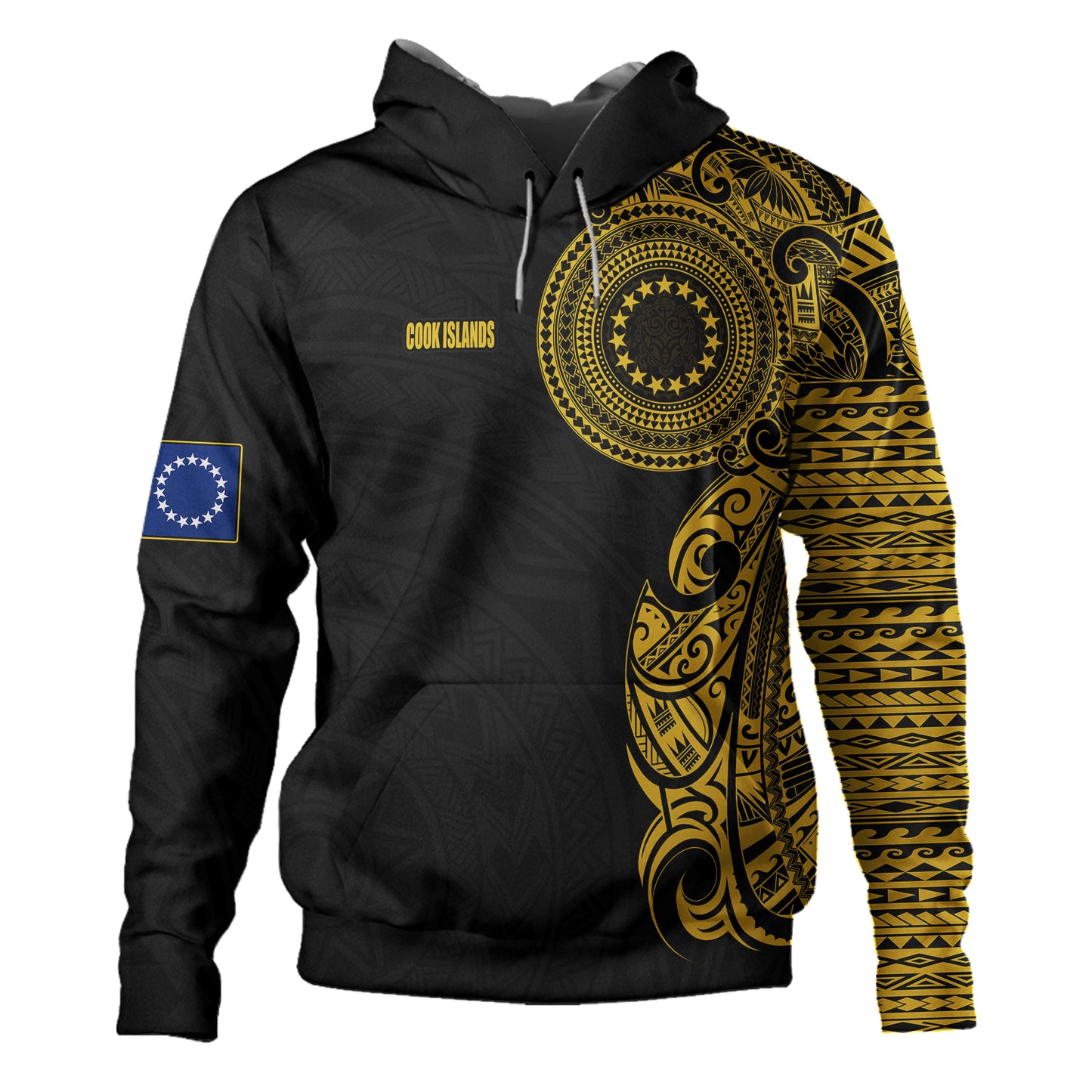 Cook Islands Hoodie Custom Polynesian Half Sleeve Gold Tattoo With Seal Black