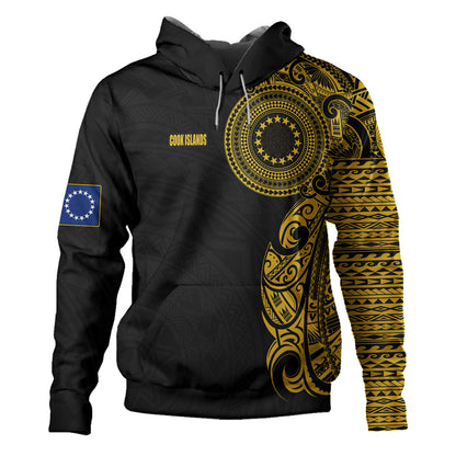 Cook Islands Hoodie Custom Polynesian Half Sleeve Gold Tattoo With Seal Black