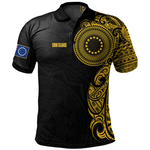 Cook Islands Polo Shirt Custom Polynesian Half Sleeve Gold Tattoo With Seal Black