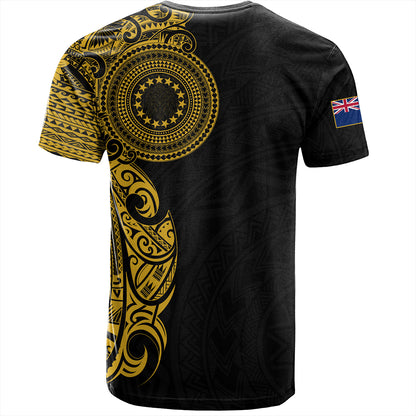 Cook Islands T-Shirt Custom Polynesian Half Sleeve Gold Tattoo With Seal Black