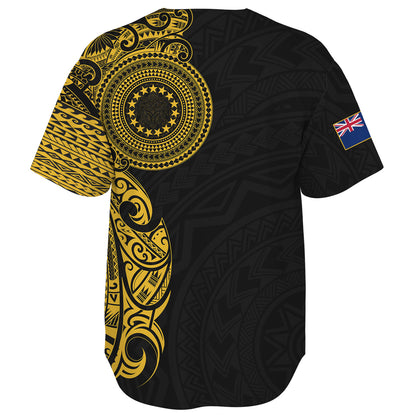 Cook Islands Baseball Shirt Custom Polynesian Half Sleeve Gold Tattoo With Seal Black