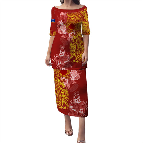 Cook Islands Puletasi Polynesian Tropical Plumeria Tribal Red