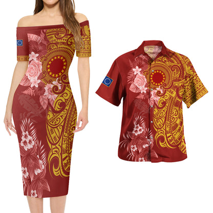 Cook Islands Combo Short Sleeve Dress And Shirt Polynesian Tropical Plumeria Tribal Red