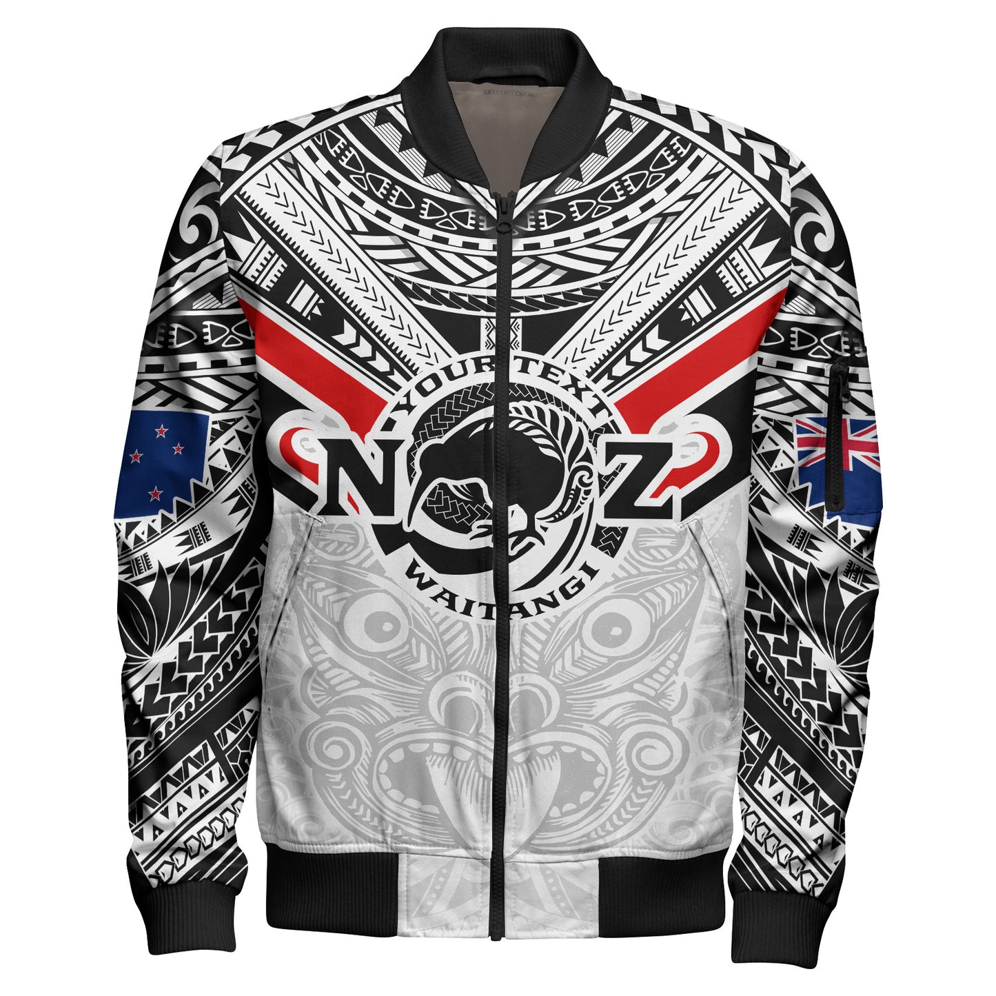 New Zealand Waitangi Day Bomber Jacket - New Zealand Kiwi Fern With Maori Koru Spiral White