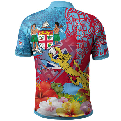 Fiji Polynesian Polo Shirt - Custom Fiji Lion With Tapa Patterns And Polynesian Hibiscus Polo Shirt