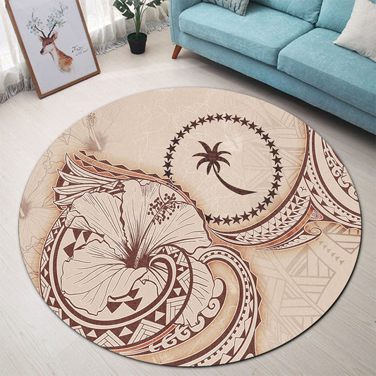 Chuuk State Round Rug Hibiscus Flower Vintage Style