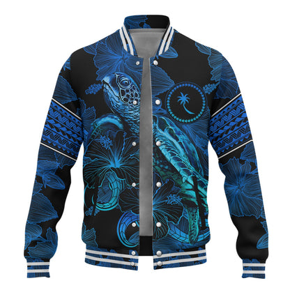 Chuuk State Baseball Jacket Sea Turtle With Blooming Hibiscus Flowers Tribal Blue