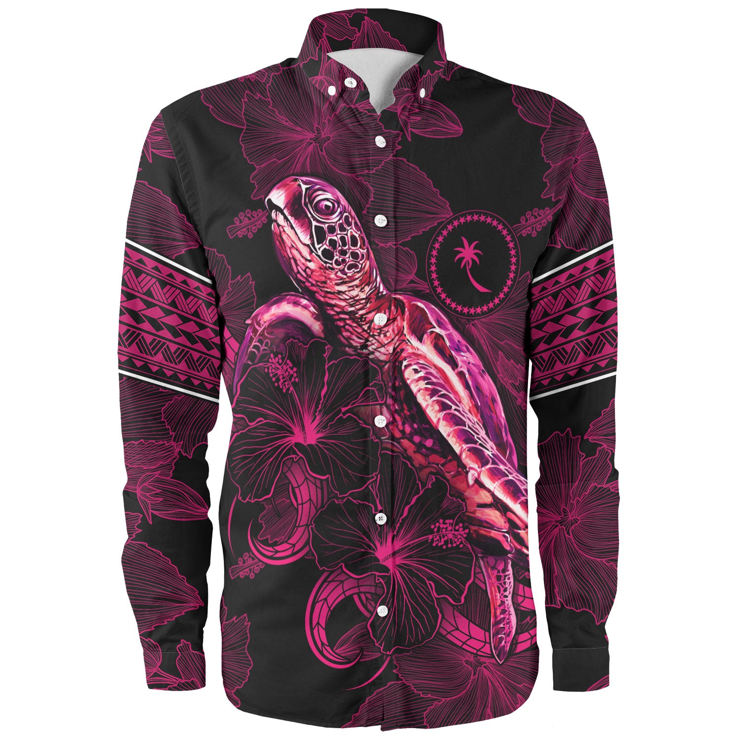 Chuuk State Long Sleeve Shirt Sea Turtle With Blooming Hibiscus Flowers Tribal Maroon