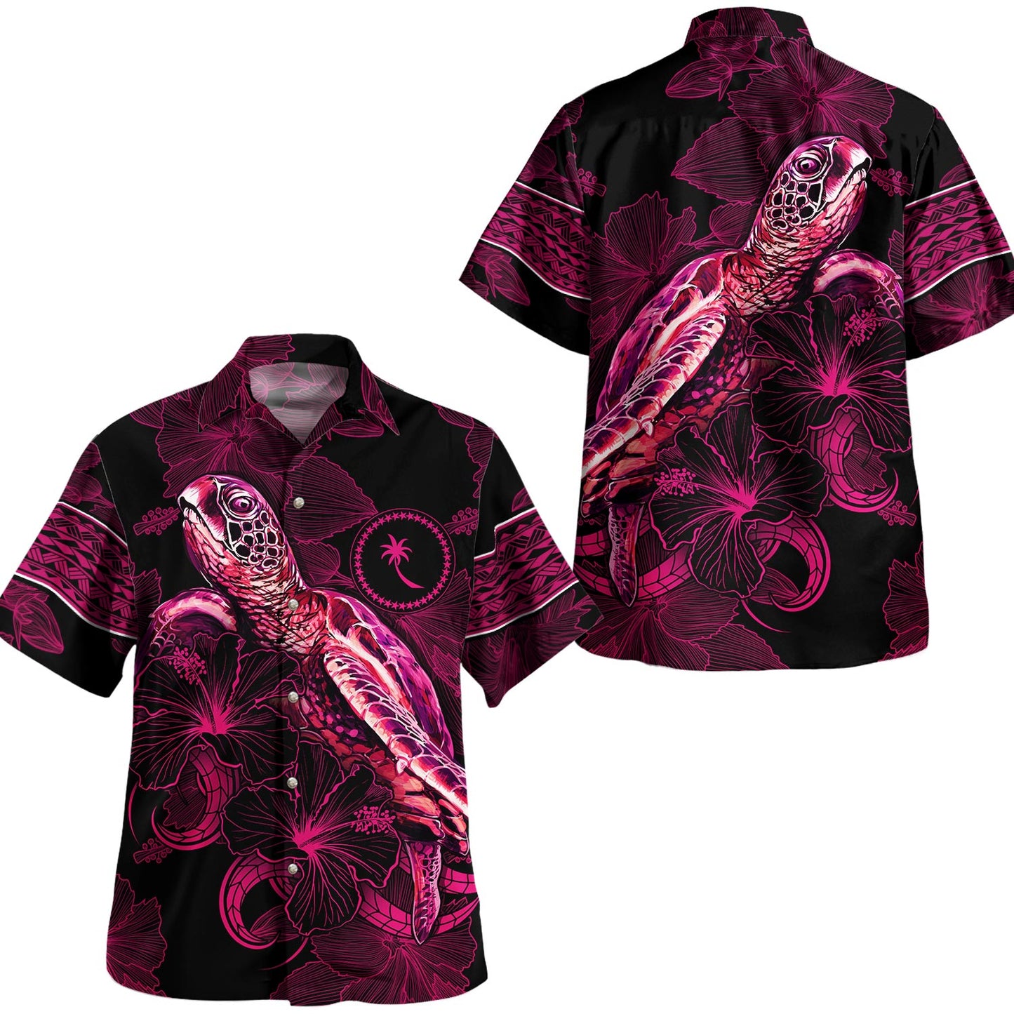 Kosrae Hawaiian Shirt Sea Turtle With Blooming Hibiscus Flowers Tribal Maroon