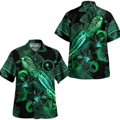 Kosrae Hawaiian Shirt  Sea Turtle With Blooming Hibiscus Flowers Tribal Green