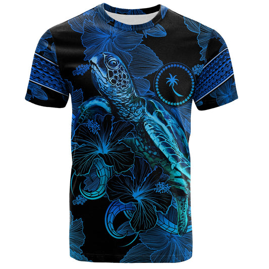 Chuuk State T-Shirt Sea Turtle With Blooming Hibiscus Flowers Tribal Blue