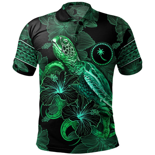 Chuuk State Polo Shirt  Sea Turtle With Blooming Hibiscus Flowers Tribal Green