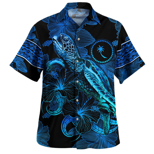 Kosrae Hawaiian Shirt Sea Turtle With Blooming Hibiscus Flowers Tribal Blue