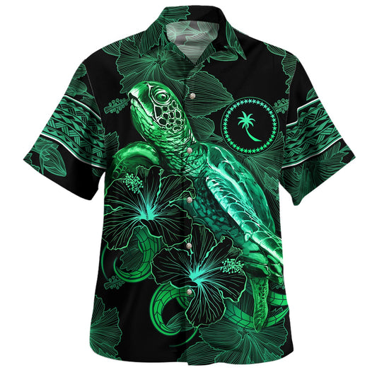 Chuuk State Hawaiian Shirt  Sea Turtle With Blooming Hibiscus Flowers Tribal Green