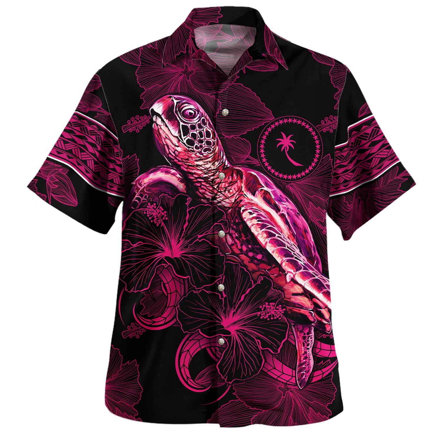 Chuuk State Hawaiian Shirt Sea Turtle With Blooming Hibiscus Flowers Tribal Maroon