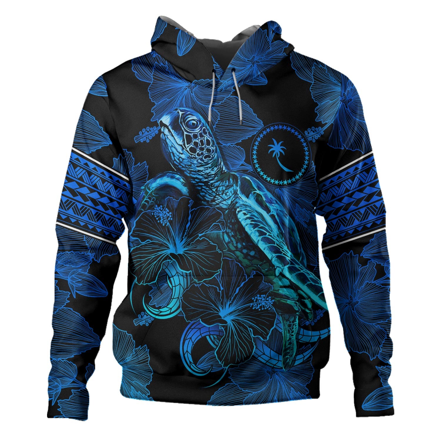 Chuuk State Hoodie Sea Turtle With Blooming Hibiscus Flowers Tribal Blue