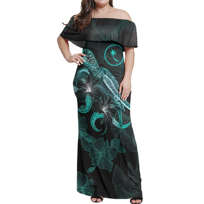 Chuuk Combo Dress And Shirt - Chuuk Pride With Polynesian Turtle Blooming Hibiscus Turquoise