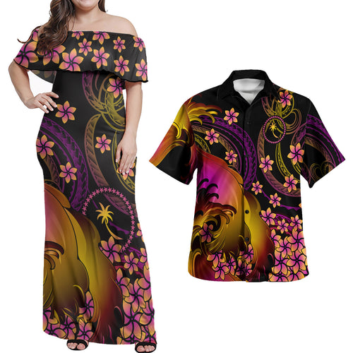 Chuuk Polynesian Pattern Combo Dress And Shirt Plumeria In Wave