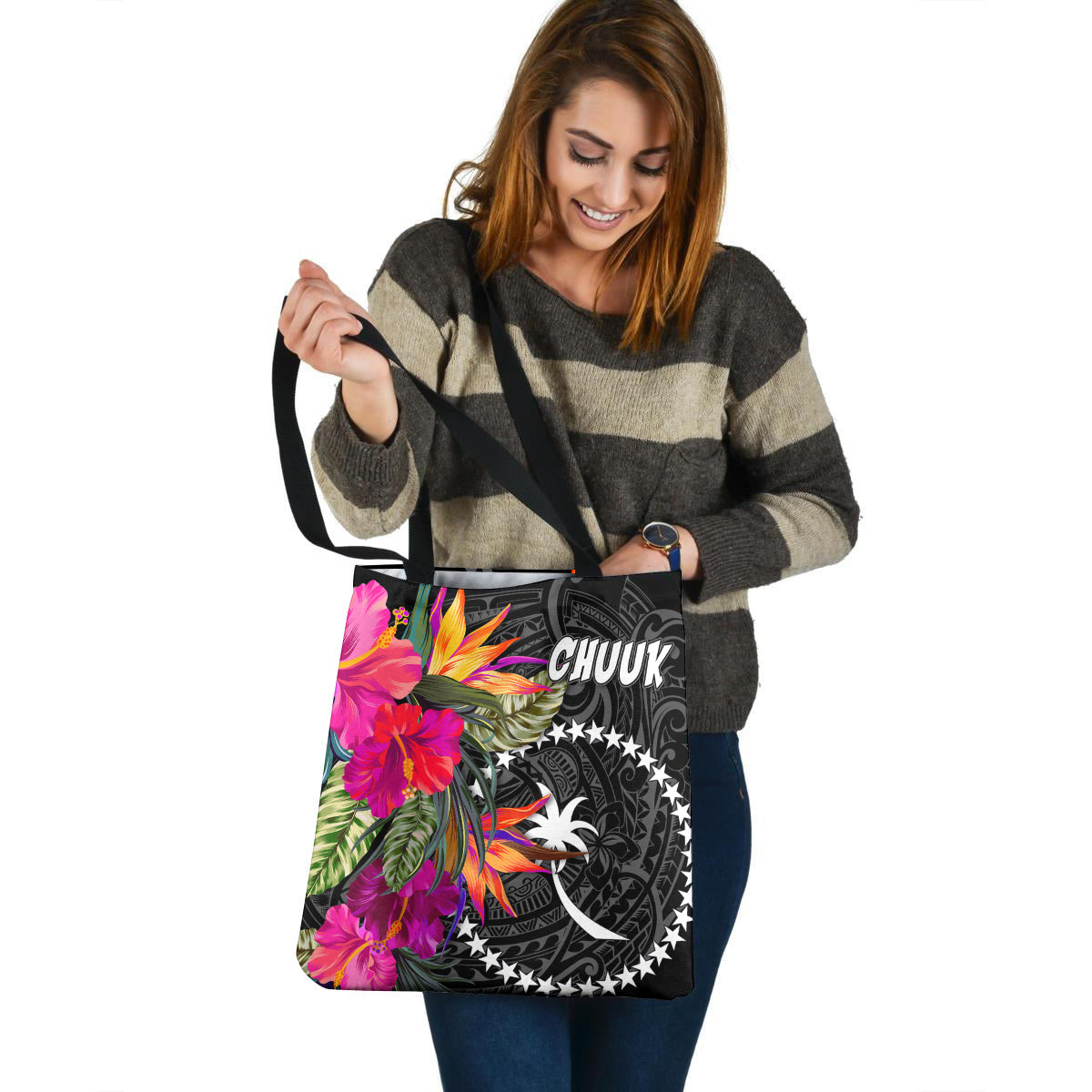 Chuuk Custom Personalised Tote Bag Polynesian Hibiscus Pattern