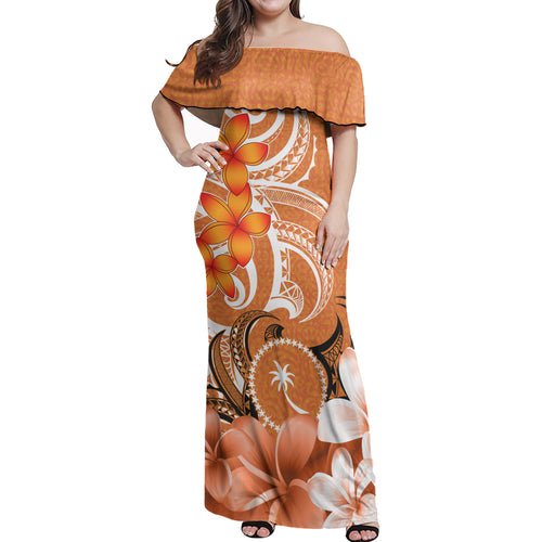 Chuuk Woman Off Shoulder Long Dress Polynesian Floral Spirit Orange