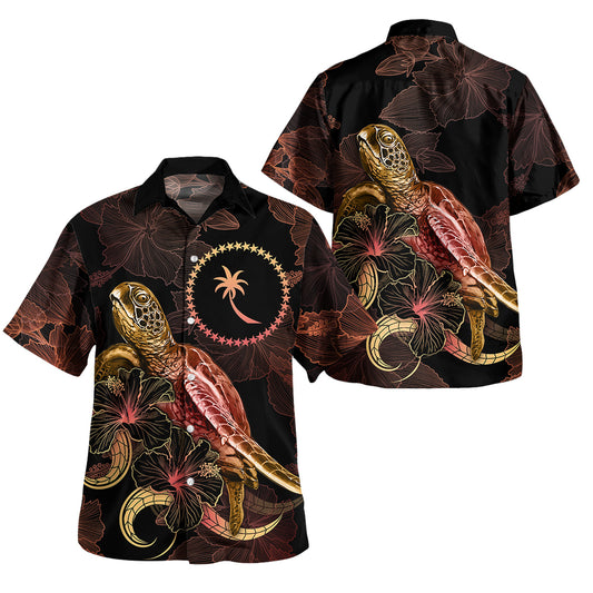 Chuuk Short Sleeve Shirt - Custom Chuuk Pride With Polynesian Turtle Blooming Hibiscus Gold
