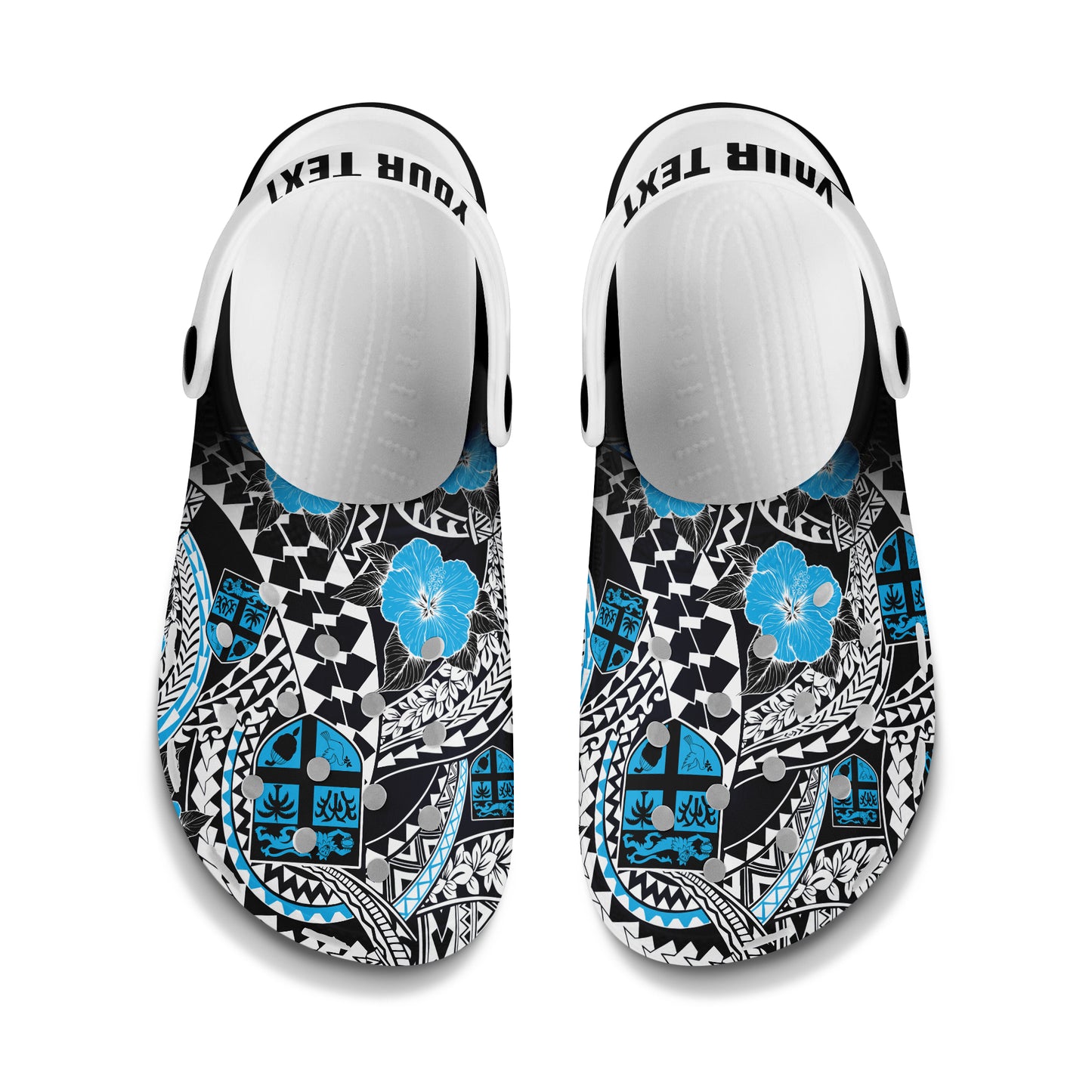 Fiji Clogs Shoes Custom Text Coat Of Arms Floral Tribal Style