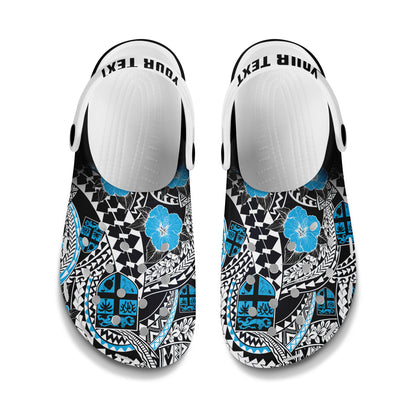 Fiji Clogs Shoes Custom Text Coat Of Arms Floral Tribal Style