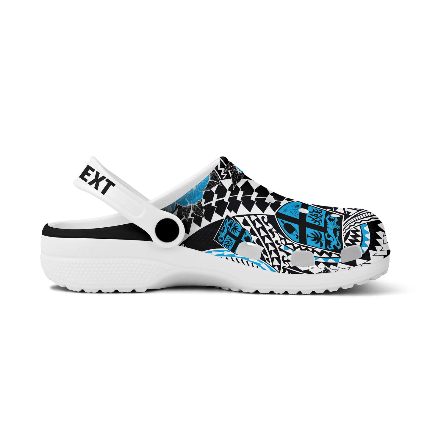 Fiji Clogs Shoes Custom Text Coat Of Arms Floral Tribal Style