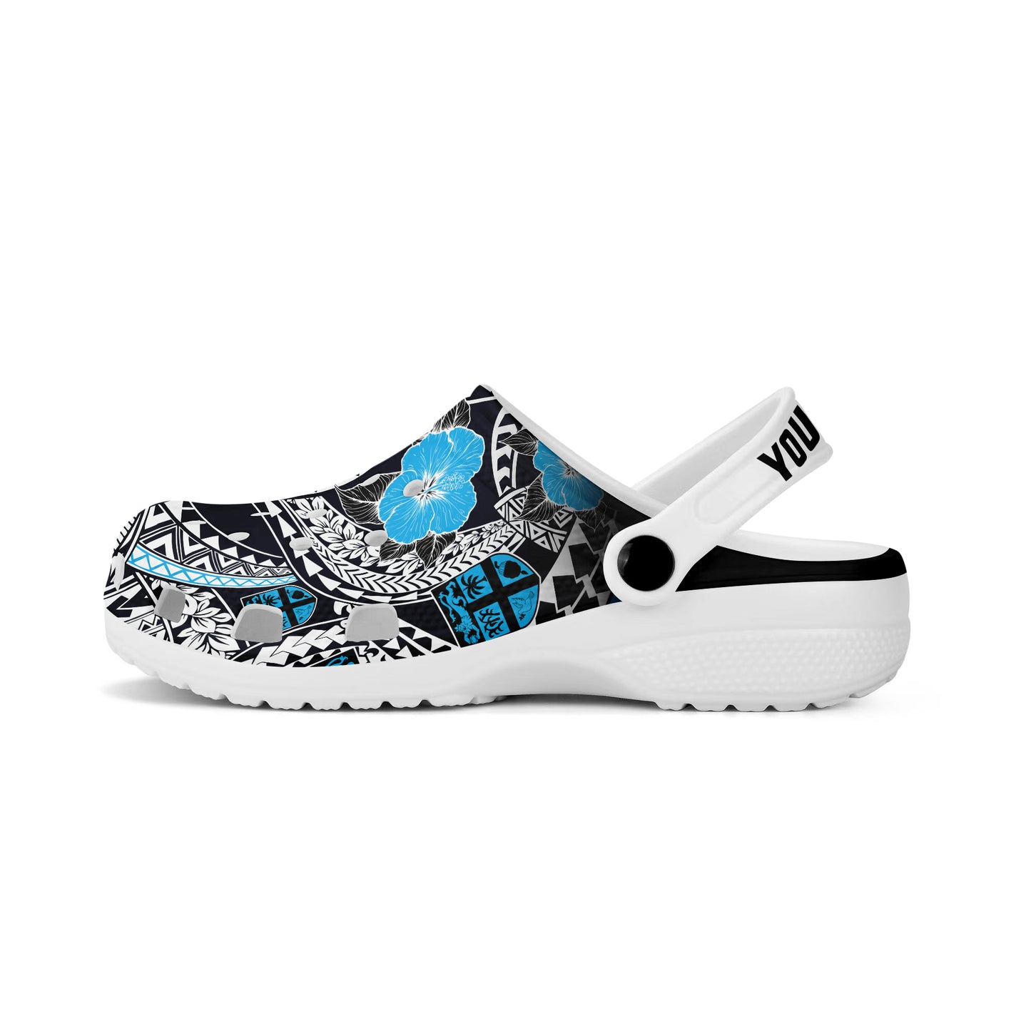 Fiji Clogs Shoes Custom Text Coat Of Arms Floral Tribal Style