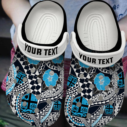 Fiji Clogs Shoes Custom Text Coat Of Arms Floral Tribal Style