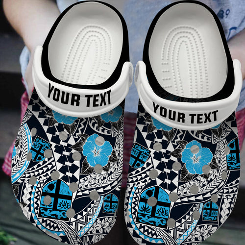 Fiji Clogs Shoes Custom Text Coat Of Arms Floral Tribal Style