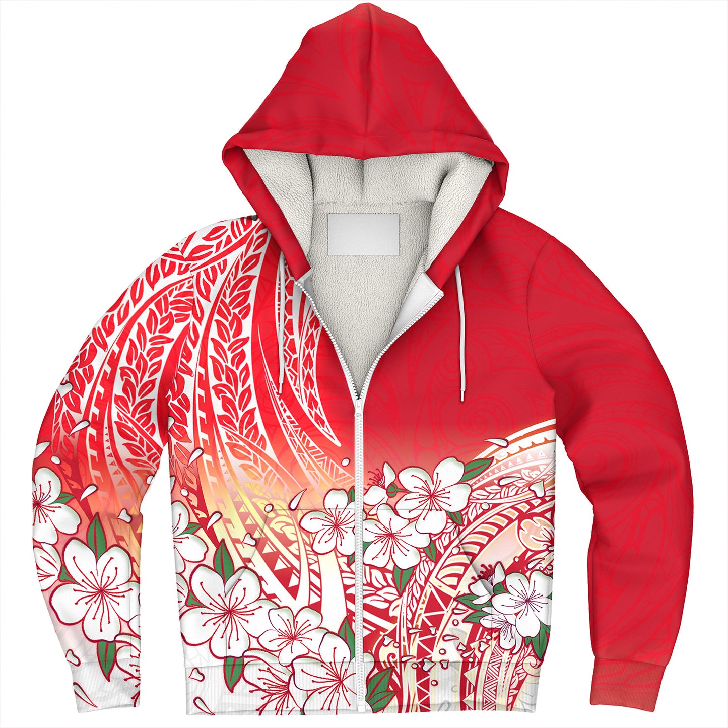 Polynesian Sherpa Hoodie Polynesian Pattern Style White Flowers