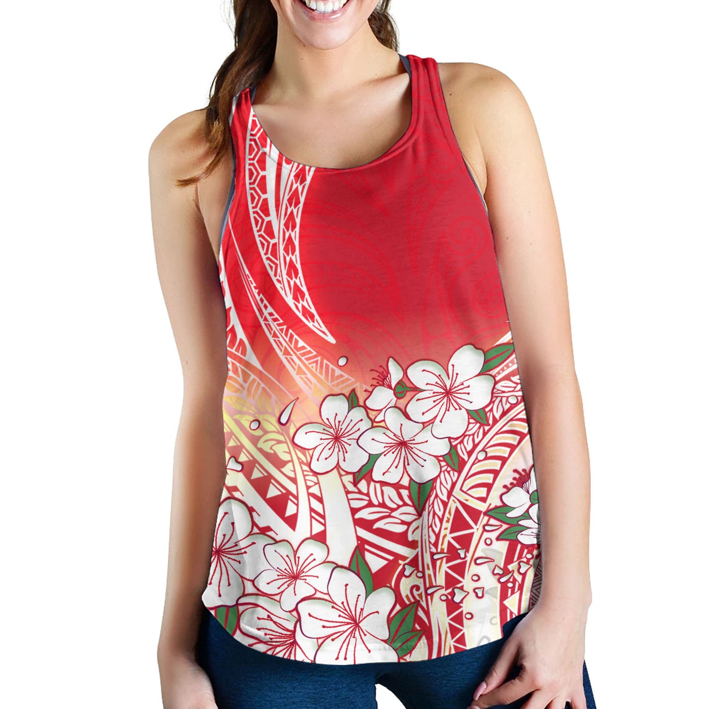 Polynesian Women Tank Polynesian Pattern Style White Flowers