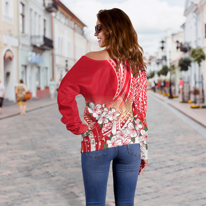Polynesian Off Shoulder Sweatshirt Polynesian Pattern Style White Flowers