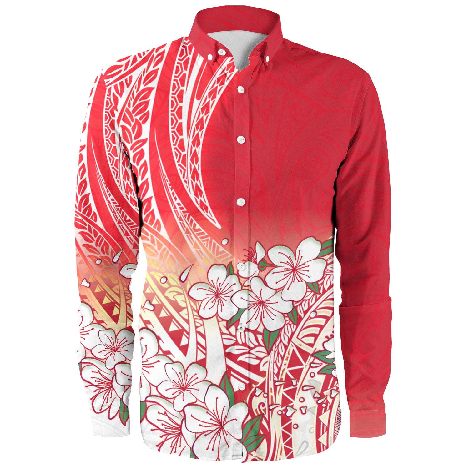 Polynesian Long Sleeve Shirt Polynesian Pattern Style White Flowers