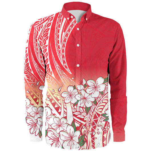 Polynesian Long Sleeve Shirt Polynesian Pattern Style White Flowers