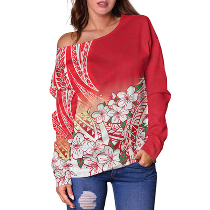 Polynesian Off Shoulder Sweatshirt Polynesian Pattern Style White Flowers
