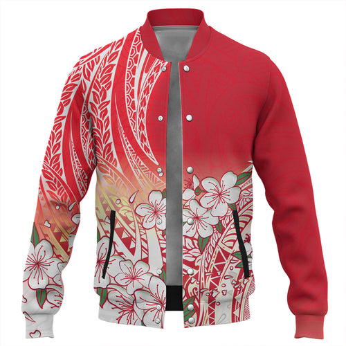 Polynesian Baseball Jacket Polynesian Pattern Style White Flowers