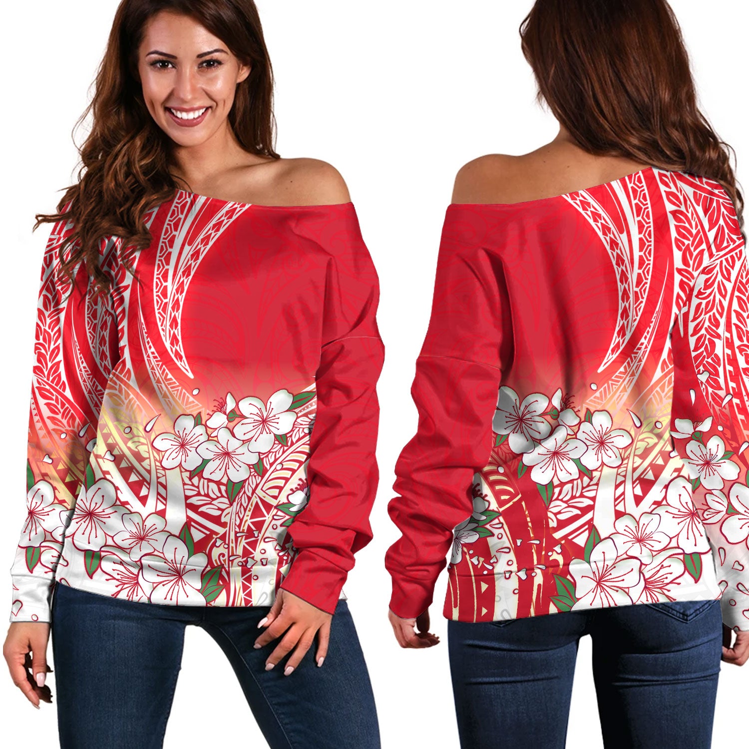 Polynesian Off Shoulder Sweatshirt Polynesian Pattern Style White Flowers