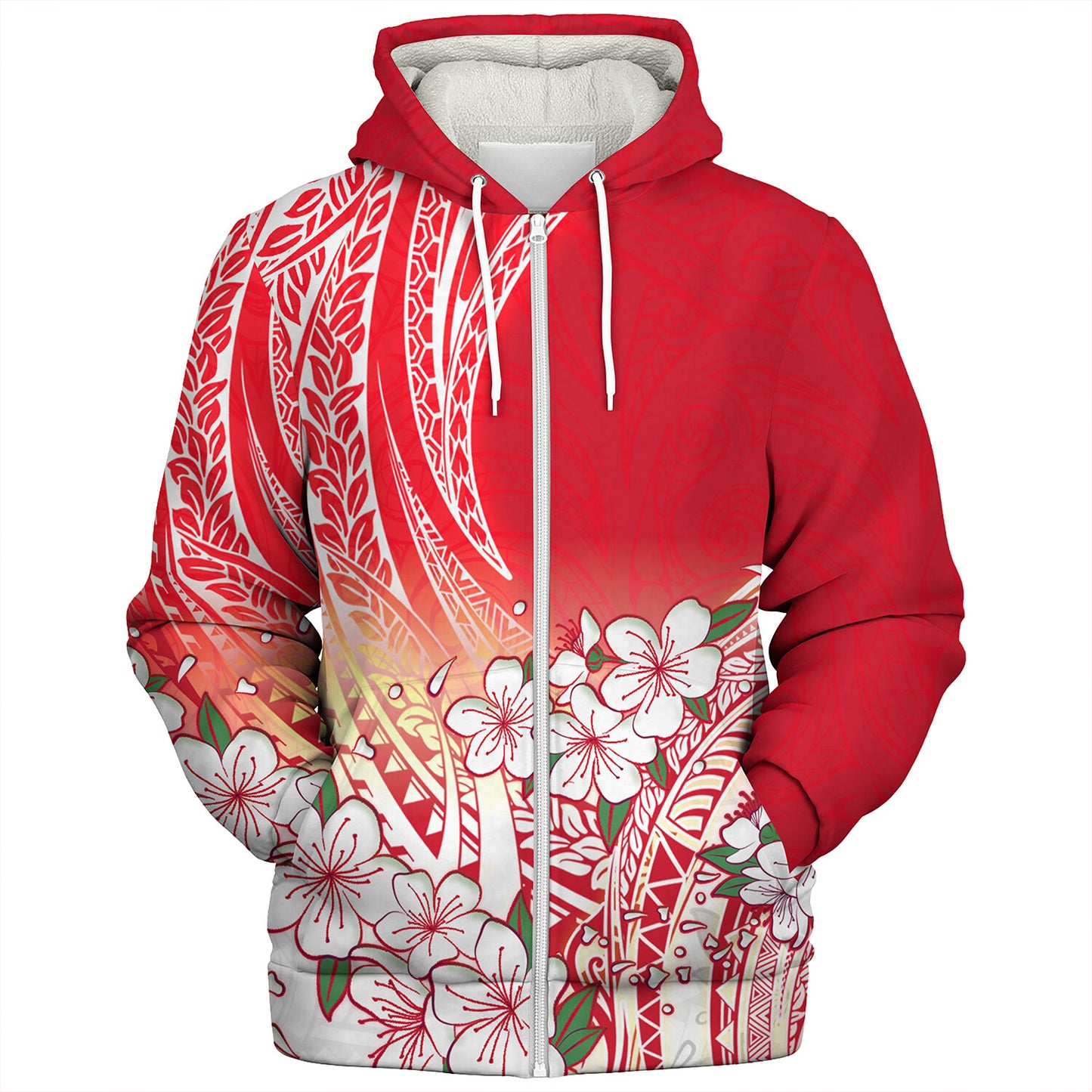 Polynesian Sherpa Hoodie Polynesian Pattern Style White Flowers