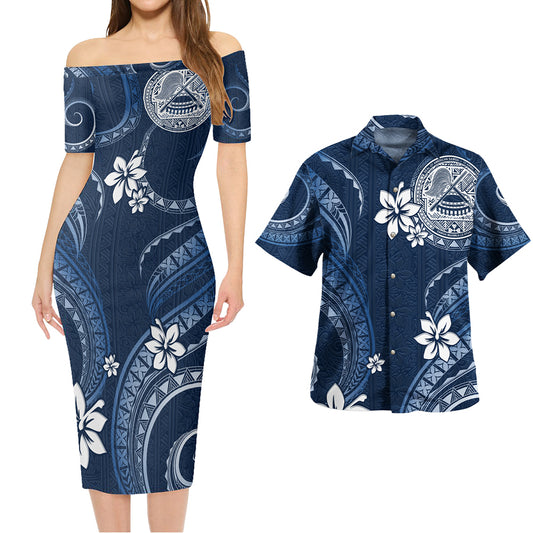 American Samoa Combo Short Sleeve Dress And Shirt White Hibiscus Blue Tribal Pattern