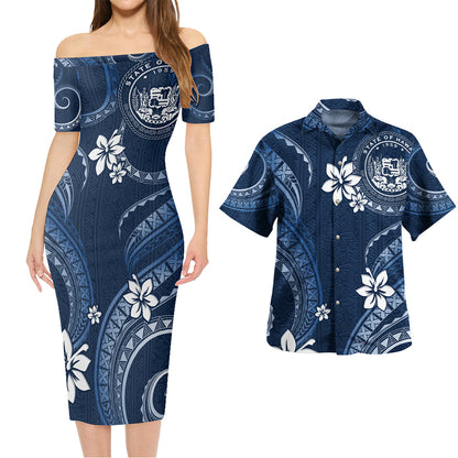 Hawaii Combo Short Sleeve Dress And Shirt White Hibiscus Blue Tribal Pattern